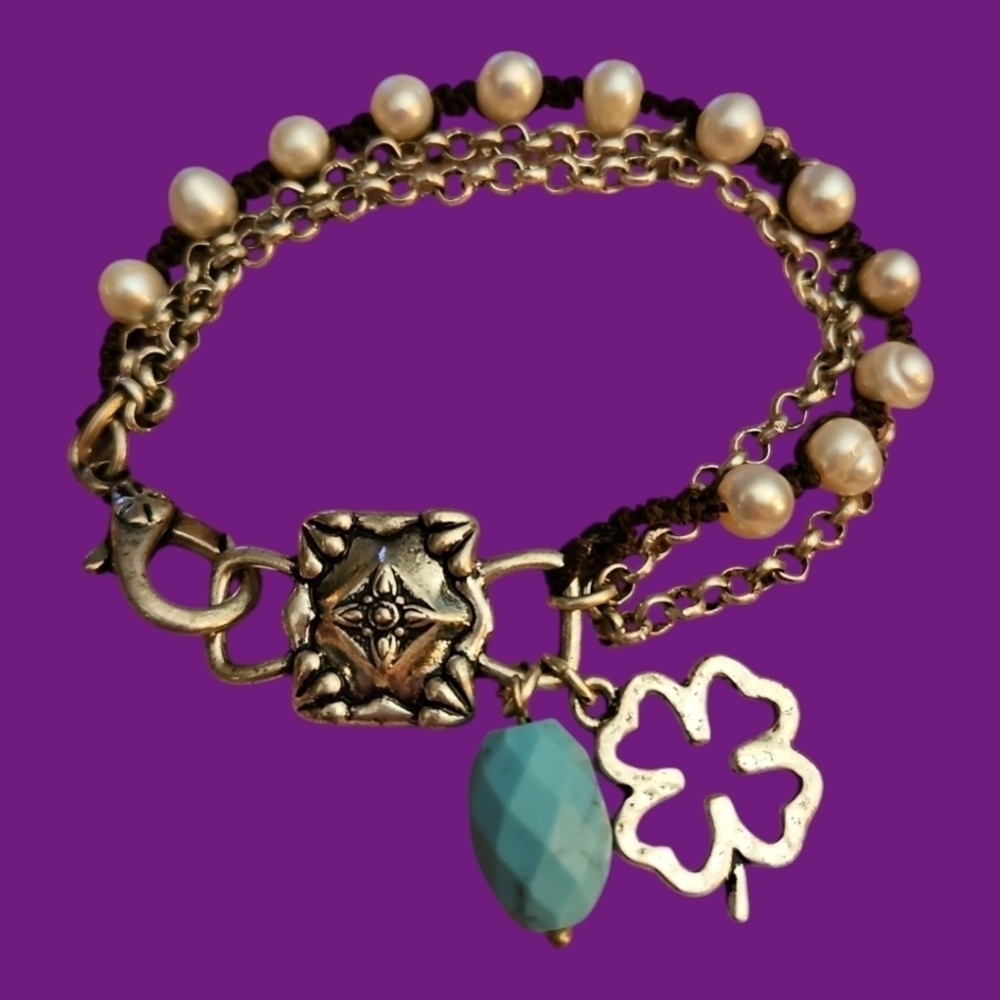 LUCKY BRAND Pearl Cord Chain Shamrock Clover Charm Bracelet